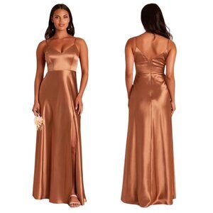 Birdy Grey Dress Women Small Bronze Shiny Satin Rust Jay Fit And Flare Maxi Gown